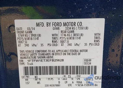 2014 Ford F-150 Xlt из США, поврежденный, VIN 1FTFW1ET3EFB25628